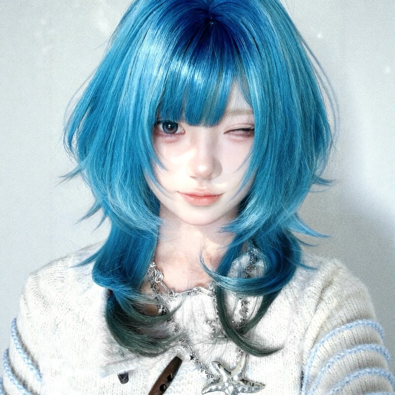 【Dream Blue】Blue Gradient Wolf Tail Jellyfish Style High-Dimensional Short Hair Full Bangs Wig for Women Full Head Cover
