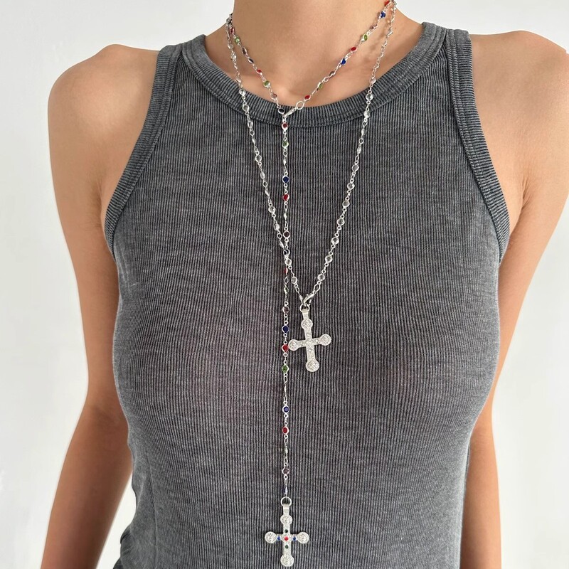 Double-Layer Cross Necklace Layered with Light Luxury Sweatshirt Chain, High-End Clavicle Chain Accessory for Women, Niche Design Sweater Chain
