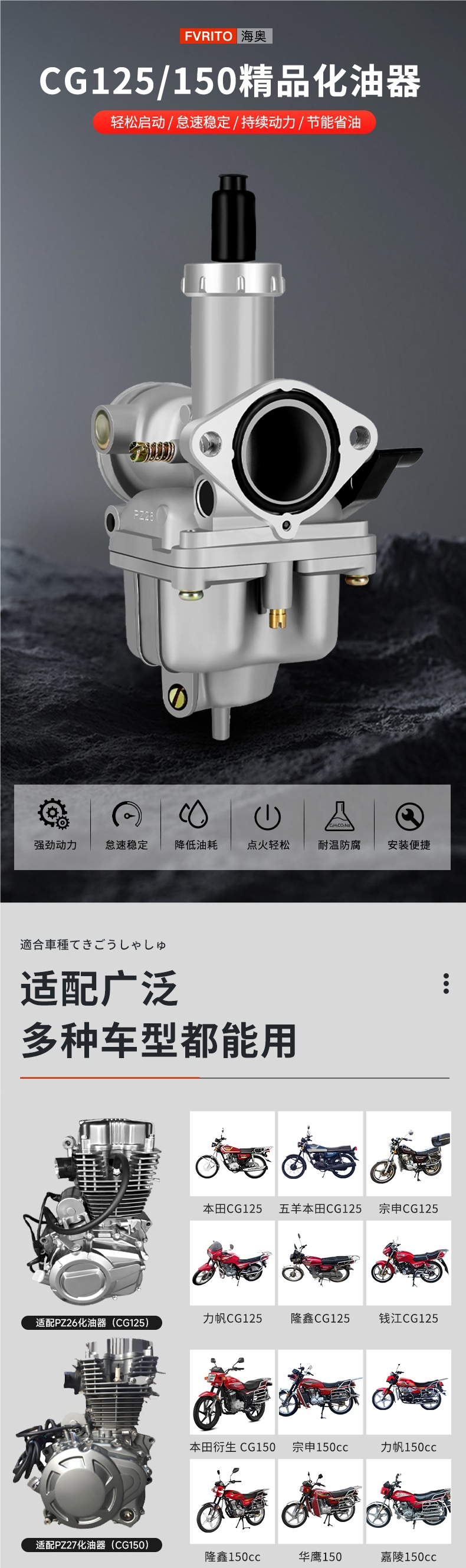 Motorcycle Cg125 150 Universal Carburetor Men's Qianjiang Zongshen Loncin Jialing Three-Wheel Pz26/27/30