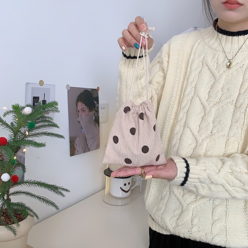 211191 Retro corduroy smiley face storage bag drawstring drawstring cosmetic bag bag miscellaneous organizer bag small style