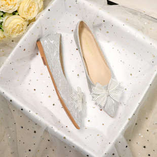 Flat Shoes Flats Women's Summer Pointed Toe 2025 New Beanie Shoes Shallow Bow Soft Leather Scoop Shoes Evening Gentle Shoes