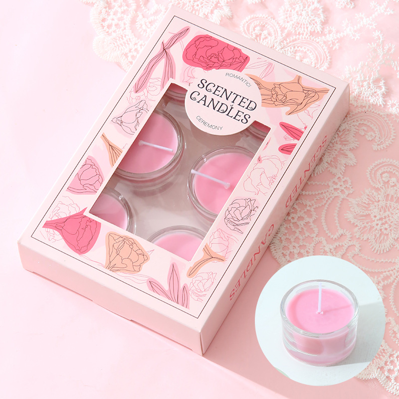 Vaso de vidrio de 8 horas pequeña vela de bananas redonda aceite esencial prueba de fragancia tipo vela sin humo vela vela de cena fábrica al por mayor