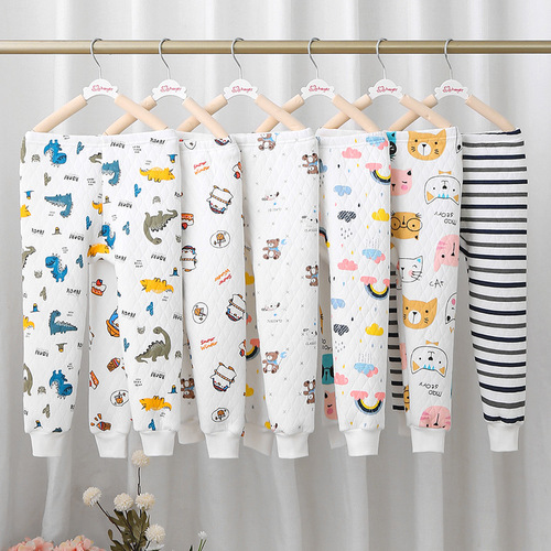 Children's three-layer padded warm pants with thick winter and autumn sleepwear, unisex, footed home pants, padded cotton pants