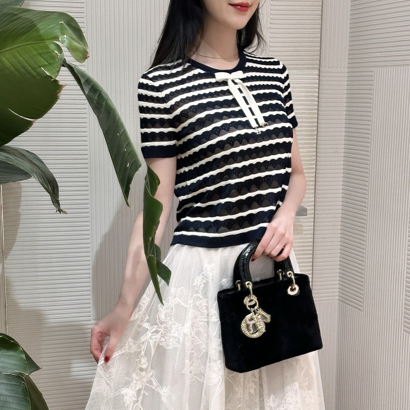 Nanyou High-End New Style Bow-Knot Color-Blocked Striped Bohemian Style Hollow-Out Design Short-Sleeved Knitwear Nanyou High-End New Style Bow-Knot Color-Blocked Striped Bohemian Style Hollow-Out Design Short-Sleeved Knitwear