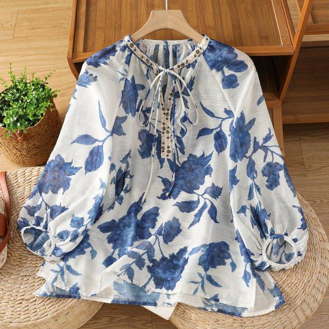 Blue Printed Tie-Neck Cotton-Linen Beaded Shirt for Women, Summer New Style, Sun-Protective Thin Blouse, Linen Top Blue Printed Tie-Neck Cotton-Linen Beaded Shirt for Women, Summer New Style, Sun-Protective Thin Blouse, Linen Top