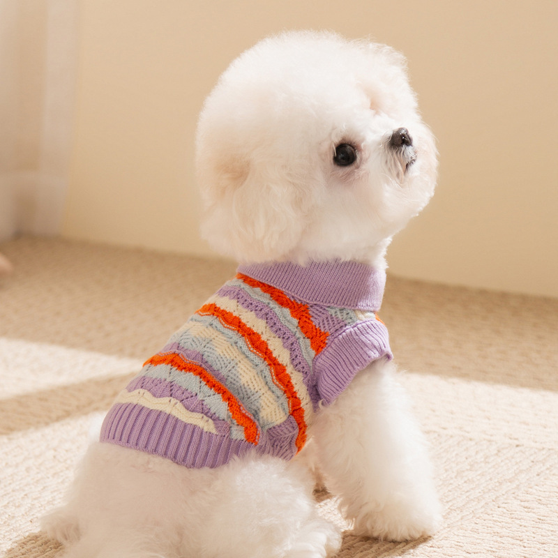 秋冬季小狗狗衣服缤纷彩条翻领两脚毛衣泰迪比熊中小型犬宠物衣服|undefined