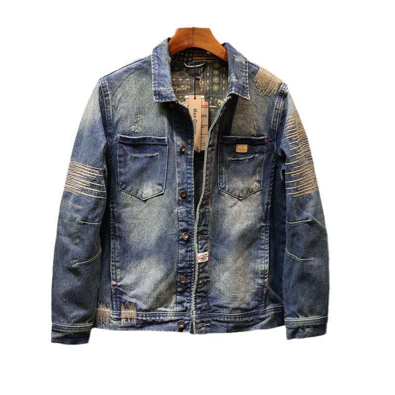 Herr jeansjacka i vintage stil broderad för vardagsmode_voghion.com