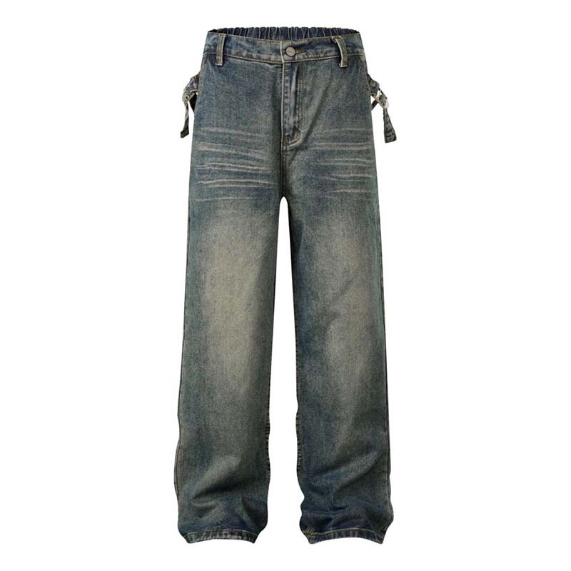 American Retro Washed Distressed Whiskered Niche Men's Jeans Trendy Loose Wide-Leg Casual Pants