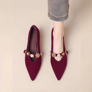[in Stock] 3411 Soft Leather Elegant Pointed Toe Non-Irritating Thin Heel Single Shoes for Women 2025 Spring and Autumn French Style Soft Leather Red