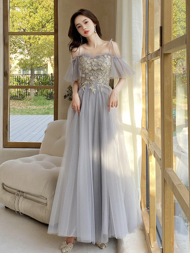 blue dress for baby girl Double V Neck Short Sleeve Maxi Tulle Bridesmaid Dress main image 0