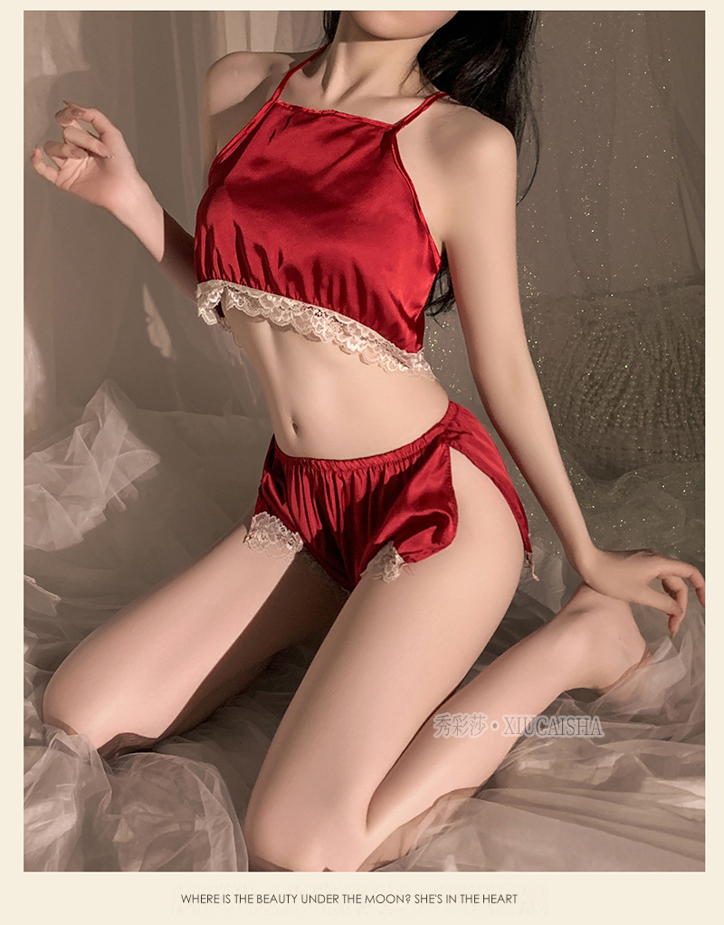 Women’s Sexy Split Sling Lingerie Set with Shorts and White Stockings, Pink One Size — detail image 22