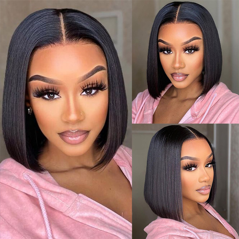 Cross-border European and American wig women 13*4 front lace wig black short straight wigs real hair headgear factory wholesale