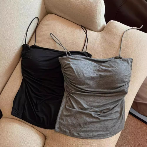 French style pure lust style hottie camisole women's summer pleated slim slim tube top spaghetti straps top with breast pads