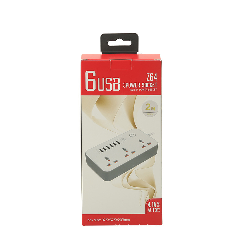 6USB Z64 # 3A caja de color neutral de carga rápida inteligente en blanco y negro enchufe de paquete opcional con puerta de seguridad naranja