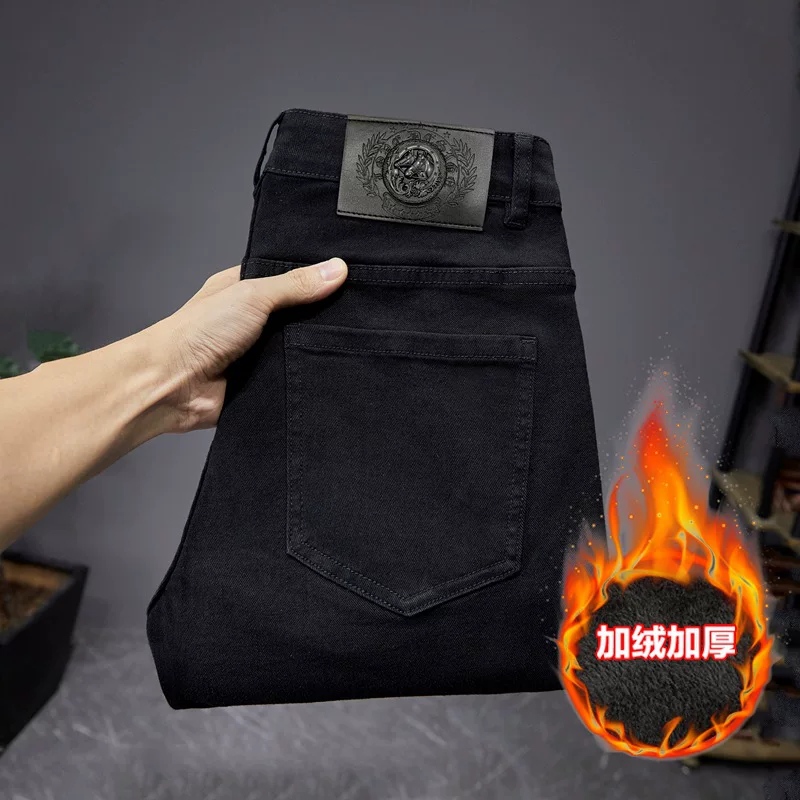 Мужские теплые брюки, элитные черные джинсы, slim fit
