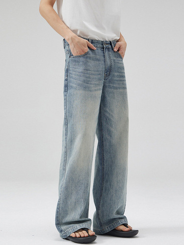 LKTM men's wear #washed blue and white gradient contrast A-line jeans men's fashion brand loose casual straight floor trousers