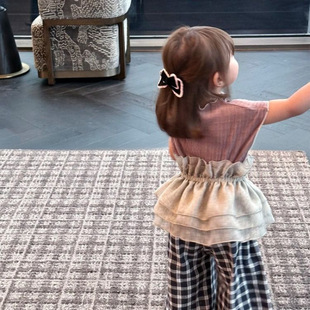 Girls' suit 2025 Summer New Style Top Short-sleeved Children's Baby's Fashionable Veil Skirt Fart Curtain Wide-leg Pants Three-piece Set