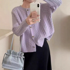 圆领小麻花长袖上衣新款慵懒风复古软糯时尚厚款百搭毛衣针织开衫