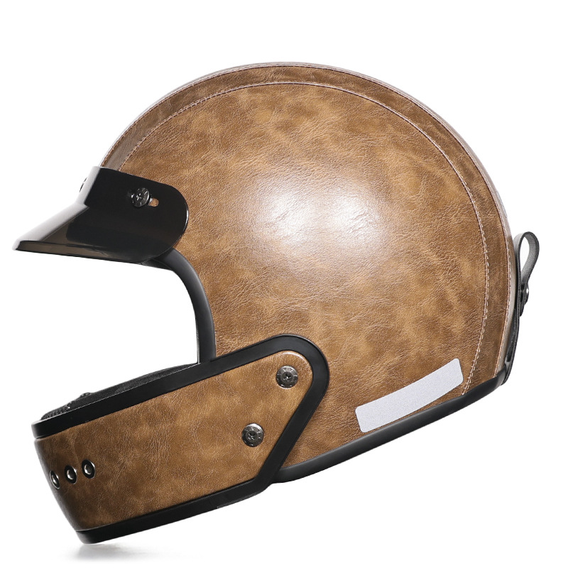 Casco retro forro de cuero motocicleta casco completo mentón extraíble vespa locomotora hombres y mujeres peso ligero pequeña carcasa