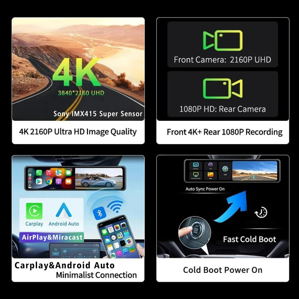Cross-border screen driving recorder streaming media rearview mirror 4K HD Carplay before and after double recording GPS track