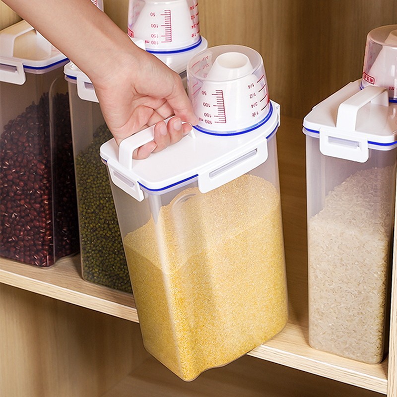 Taza medidora de grado alimenticio con asa, almacenamiento de granos, tanque de granos diversos, caja de almacenamiento de productos secos de cocina, frasco sellado de plástico para el hogar