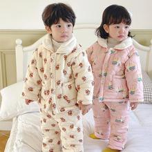 冬天儿童家居服加绒加厚男童三层夹棉韩国女宝宝冬季睡衣套装开衫