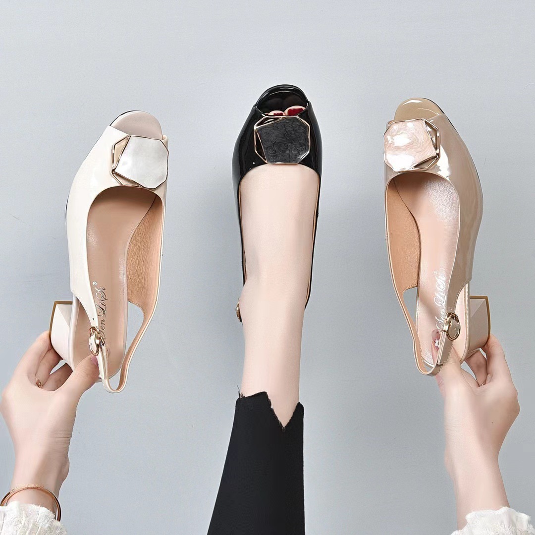 Sandal cao gót nữ hở mũi quai ngang đế thô da thật — đen chi tiết 1