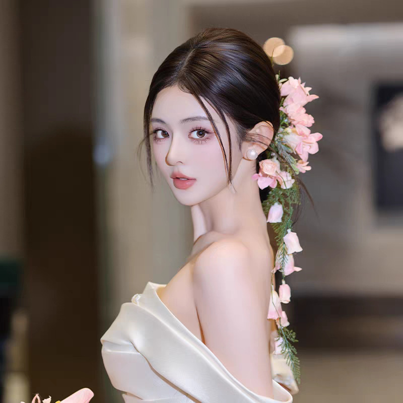 フォレストスタイルの手作りロマンチックなピンクの花嫁模擬花ヘアアクセサリー超妖精甘いウェディングドレスアクセサリー年齢を減らす帽子|undefined