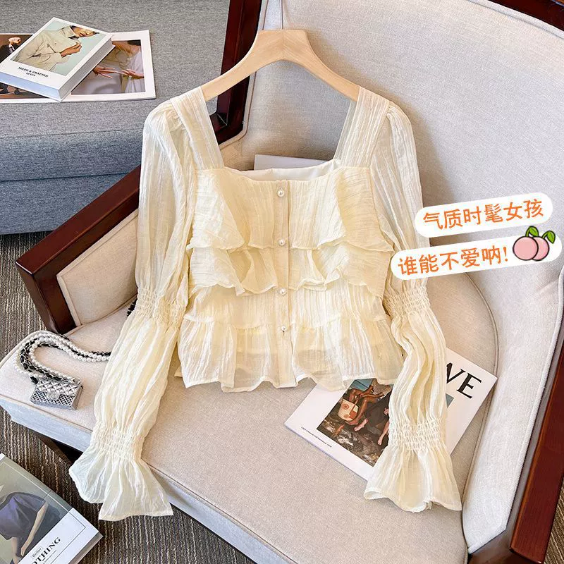 Осень 2023 Новая Милая короткая шифоновая рубашка с оборками во французском дизайне, женский элегантный топ с рукавом-фонариком