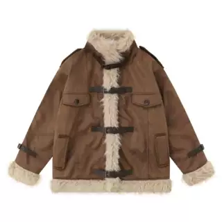 Vintage Fleece-lined Thick Lamb Fur Leather Coat All-in-one Car Coat - Brown - View 1