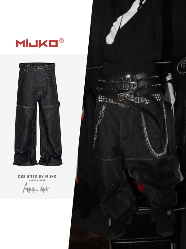 MIJKO男装女0pium风格黑色原牛工装伐木裤男女同款明线小纽带长裤|undefined