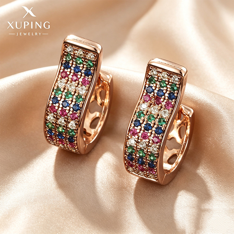 Pendientes de Aro Xuping Jewelry de Aleación de Cobre con Incrustaciones de Gemas Artificiales Coloridas, Pendientes de Diamantes Completos a la Moda Europea y Americana