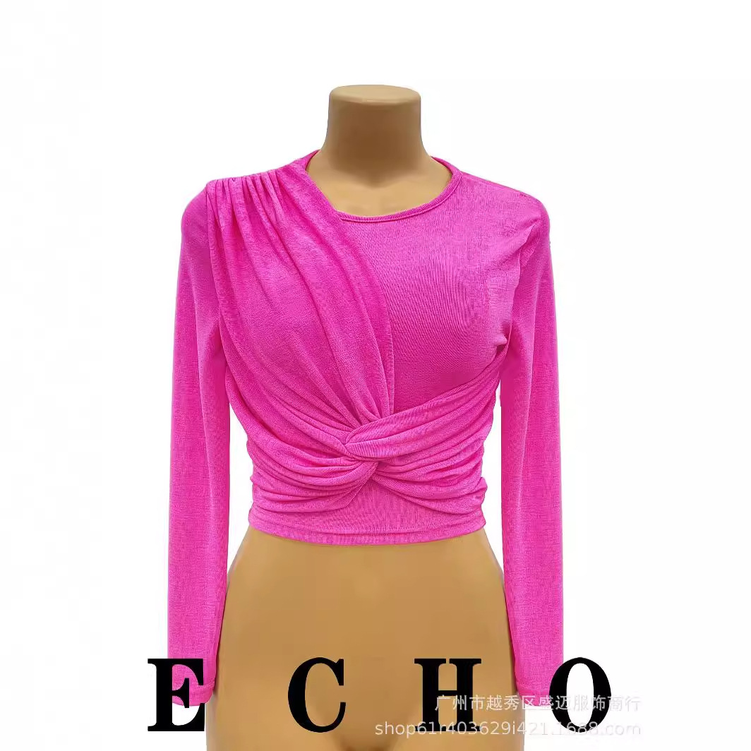 Echo短款修身长袖黑色圆领内搭打底衫女不规则设计紧身t恤褶皱衣