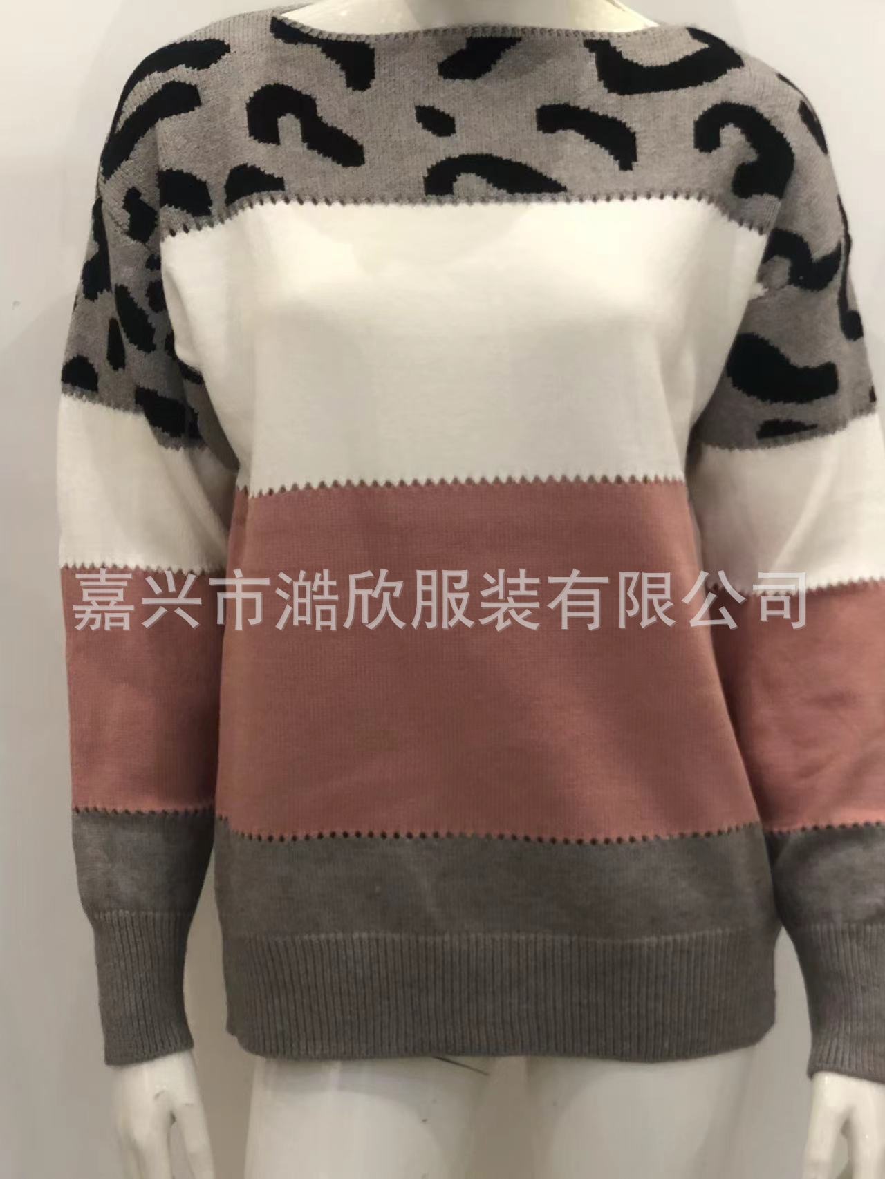 跨境欧美新款针织衫女2022秋冬豹纹套头拼色一字领女式毛衣打底衫 pic 4