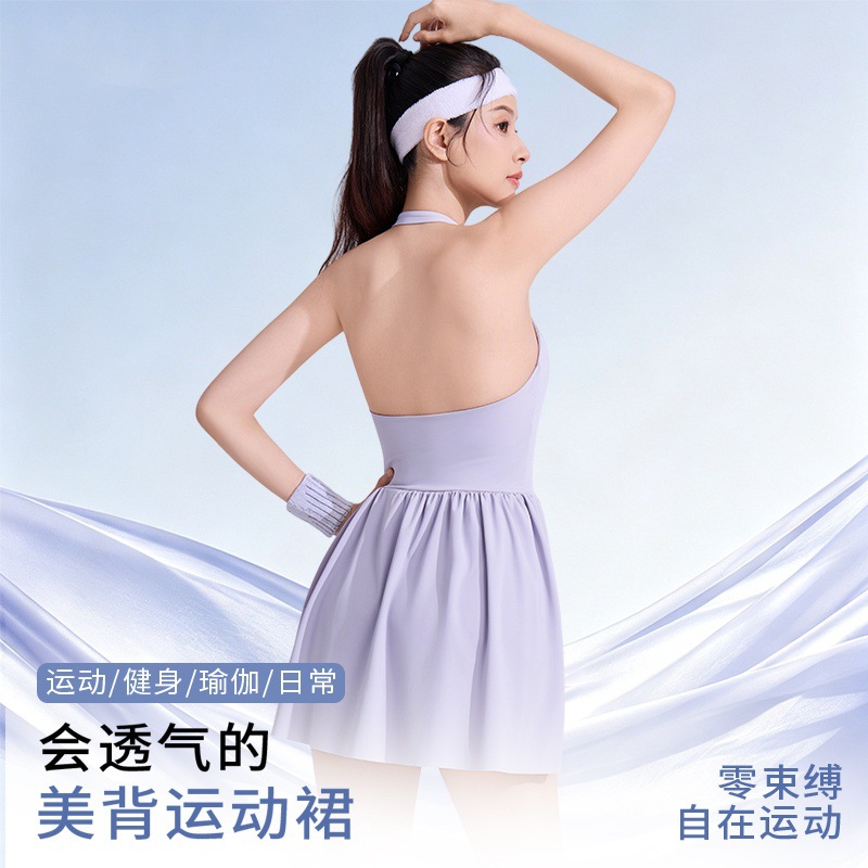 Summer Outdoor Casual Sleeveless One-Piece Sports Dress for Women, Anti-Exposure, Quick-Dry, Tennis Fitness Dress