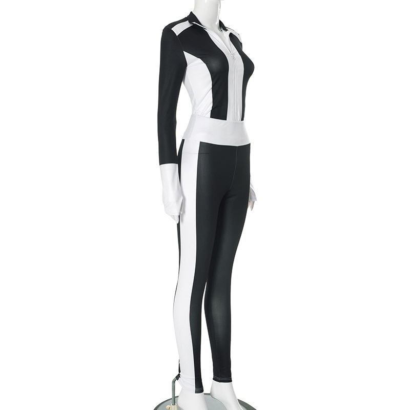 Women Clothing Autumn Winter Contrast Color Stitching Finger Fit Design Zipper Collared Cardigan Tight High Waist Suit