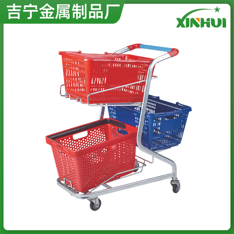 商场超市理货员推车物业手推车超市三篮购物车家用买菜双层手推车