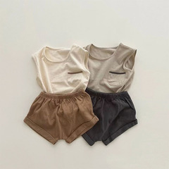 Korean children's summer infant clothing two-piece set with sleeveless simple solid color T-shirt and retro baby crew neck casual outfit