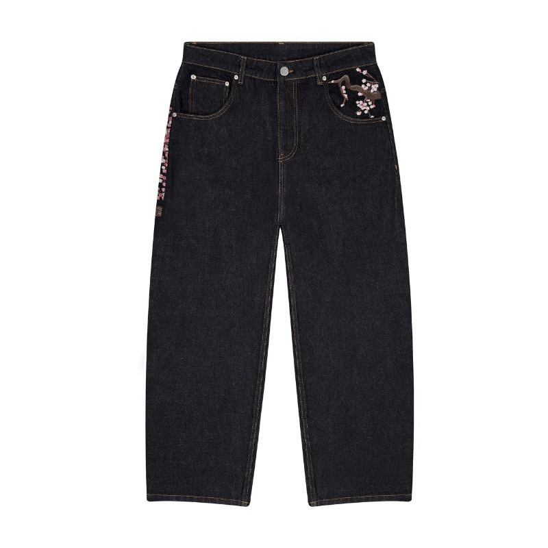 2026 European and American street style retro plum blossom embroidered straight leg unisex versatile trendy street jeans, cross-border e-commerce.