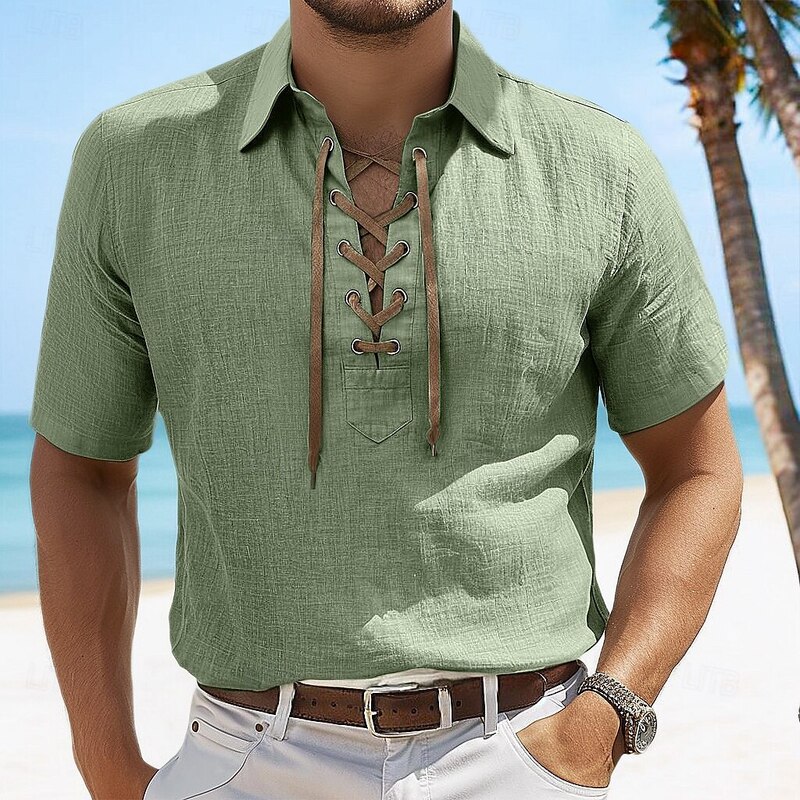 Cross-Border New European and American Men's Large Size Lapel Lace Shirt Pure Color Casual Linen V Neck Loose Short-Sleeved Shirt