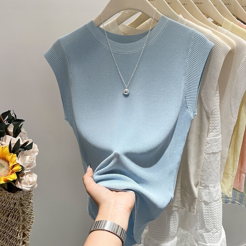 Blue Basic Style Short-Sleeve Knit T-Shirt for Women, Ice Silk Thin Summer Top with Small Flutter Sleeves, Slim Fit Tank Top