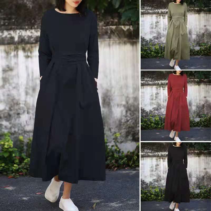 2021 AliExpress New Cotton Women Pocket Long Sleeve Lace-up Long Dress Autumn and Winter Elegant Casual Party Dress