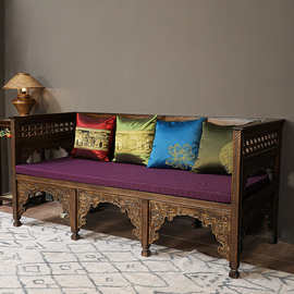 东南亚风格全实木沙发组合泰式复古禅意泰国老榆木雕花家具