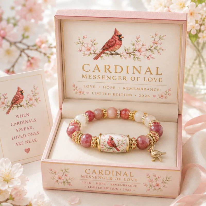 European and American Style Red Cardinal Bird Bracelet with Pink Jade Beads and Elastic Band for Women, a Cross-Border Bestseller
