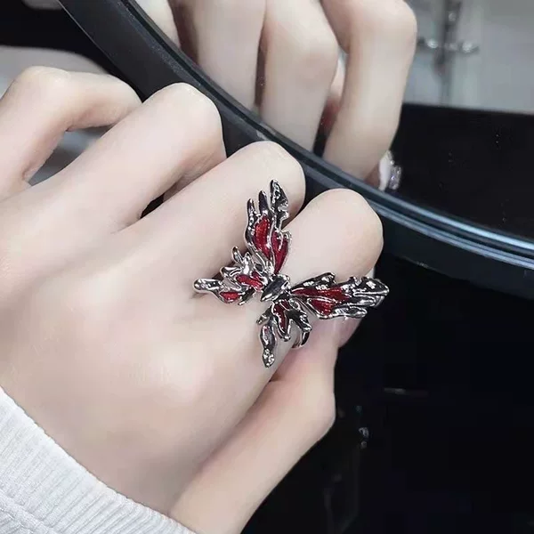 Red butterfly ring for women, ins niche design, adjustable open ring, personalized index finger ring