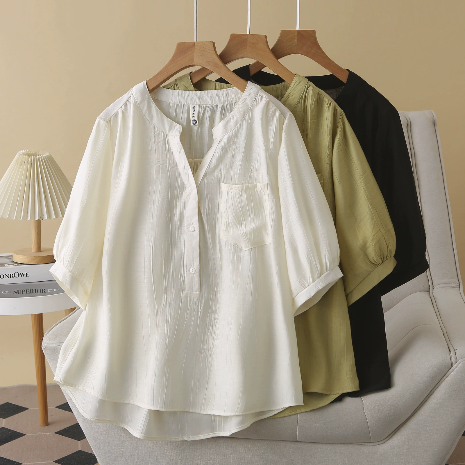 Новая летняя женская одежда больших размеров для полных девушек, простой дизайн, облегающая рубашка с рукавами три четверти 2531