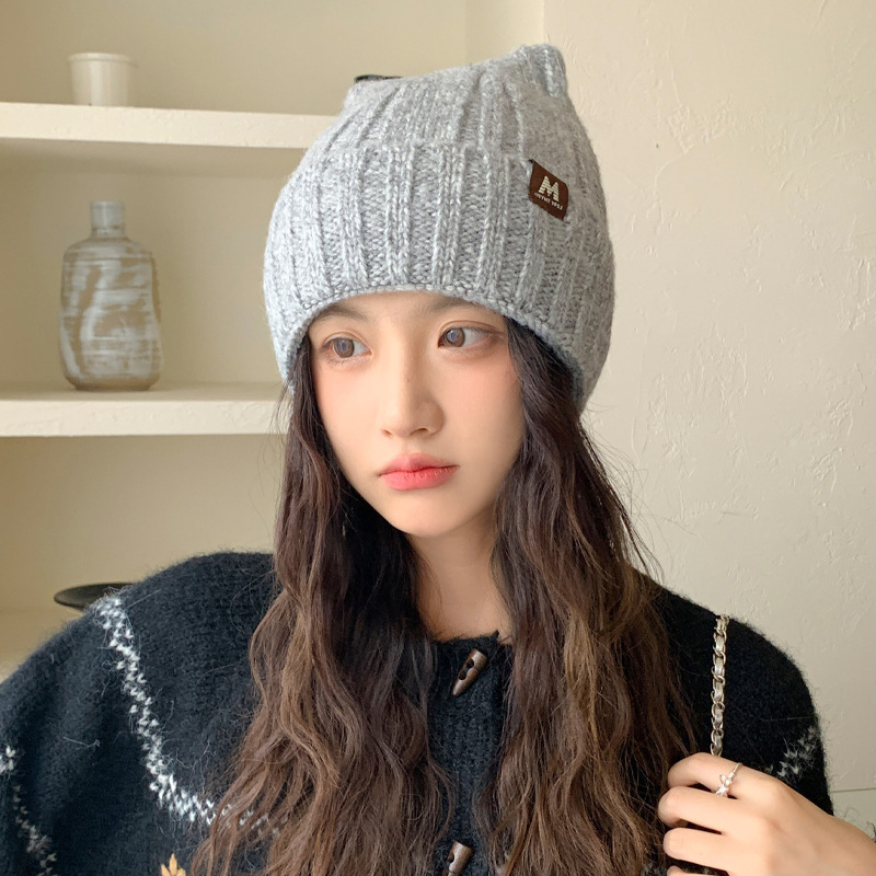 冬季新款猫耳朵帽子女保暖时尚百搭针织帽大头围显脸小防风毛线帽|undefined