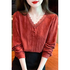2025年春春秋女装新款蕾丝V领纯棉衬衫女洋气提花遮肚子长袖上衣