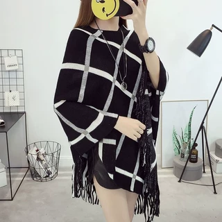 新款格纹外套女针织百搭保暖时尚外搭流苏披肩斗篷秋冬