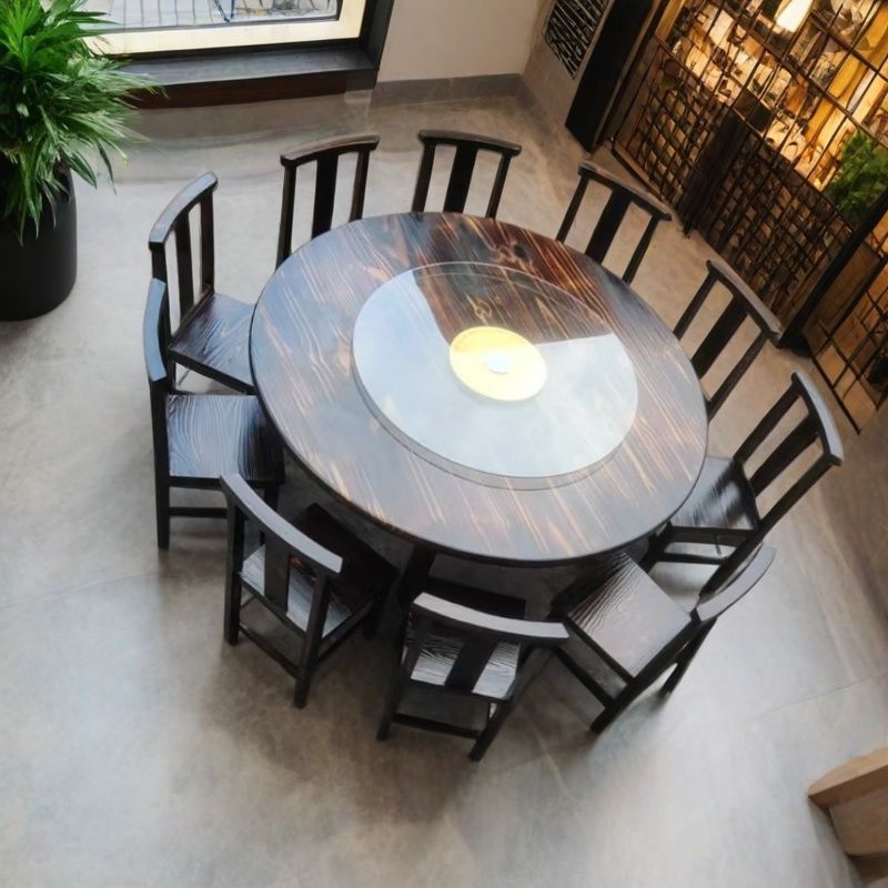 圆桌复古火锅桌实木农家乐饭店餐厅台圆形中式酒店转盘餐桌椅组合